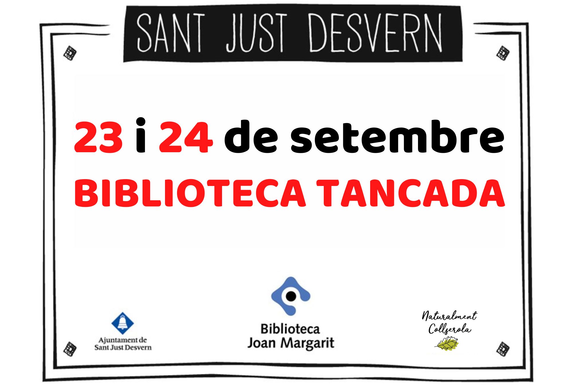 Read more about the article Biblioteca tancada el 23 i 24 de setembre